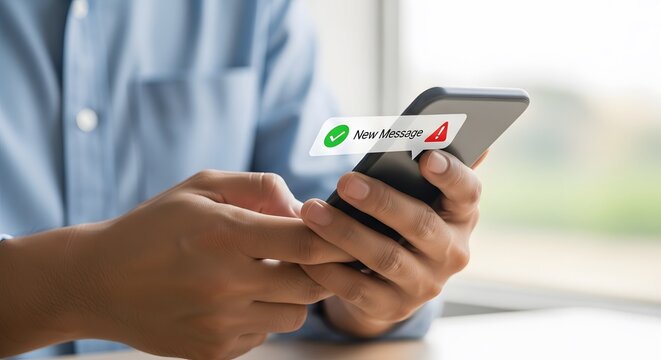Person holding smartphone with security alert notifications on screen