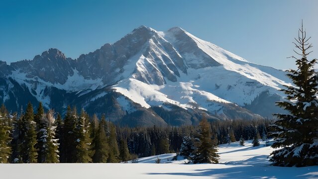Majestic snow capped mountain peak towering over a dense pine forest under a clear blue sky