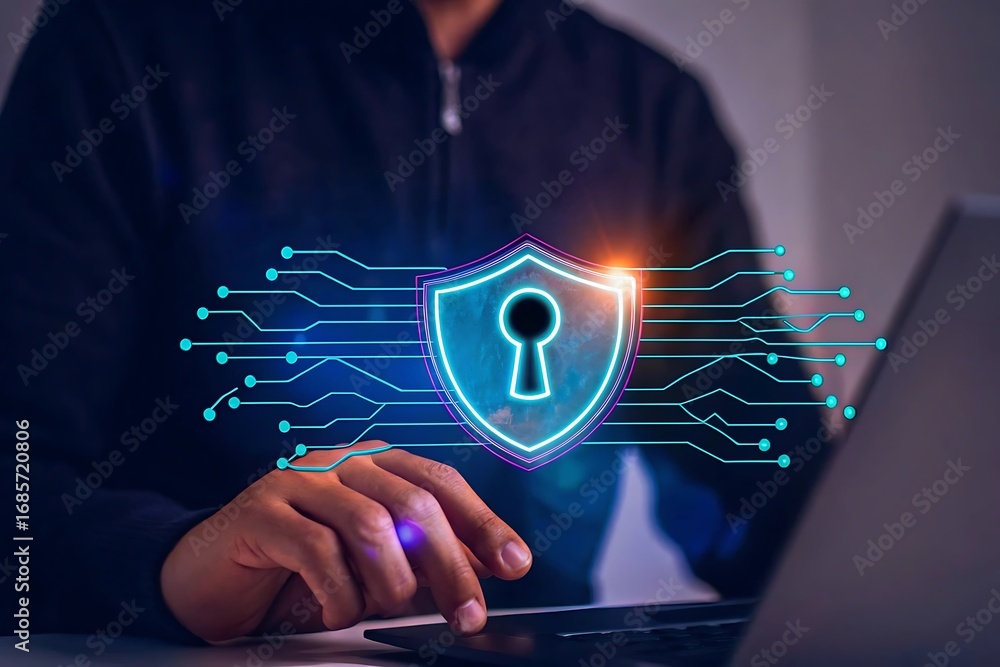 Poster cybersecurity shield with digital keyhole and futuristic network protection background.
