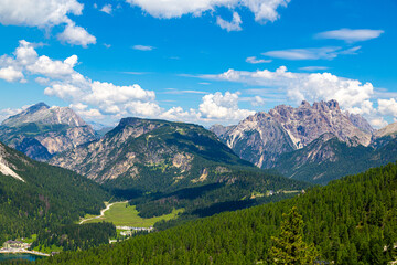 Aerial Dolomites landscape surrounding Lake Misurina