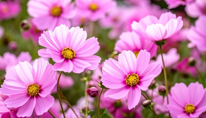 Obraz premium Close-up captures vibrant pink petals with yellow centers, showcasing natural beauty in full bloom