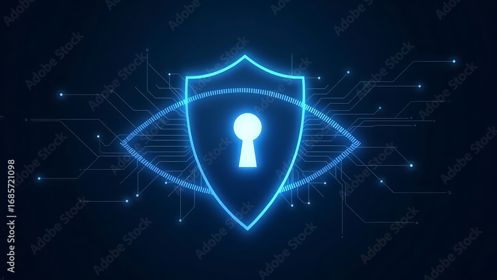 Poster cybersecurity shield with digital keyhole and futuristic network protection background.