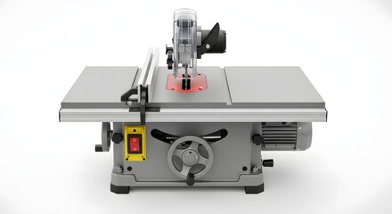 A gray table saw with a clear plastic guard and a red light on a white background in a studio shot