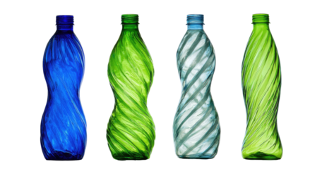 Four plastic bottles, each a different vibrant color, featuring a swirling, sculpted design