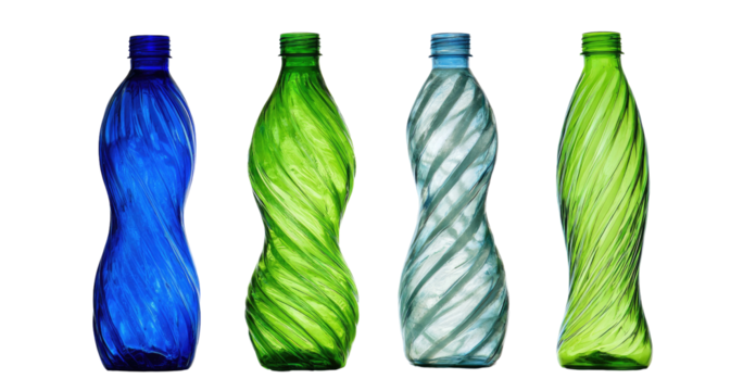 Four plastic bottles, each a different vibrant color, featuring a swirling, sculpted design