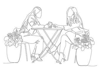 2 women at street cafe table using mobile phone. Selecting menu items with mobile app. Side view. Continuous line drawing. Black and white vector in line art style.