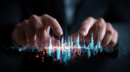 Hands over abstract city skyline