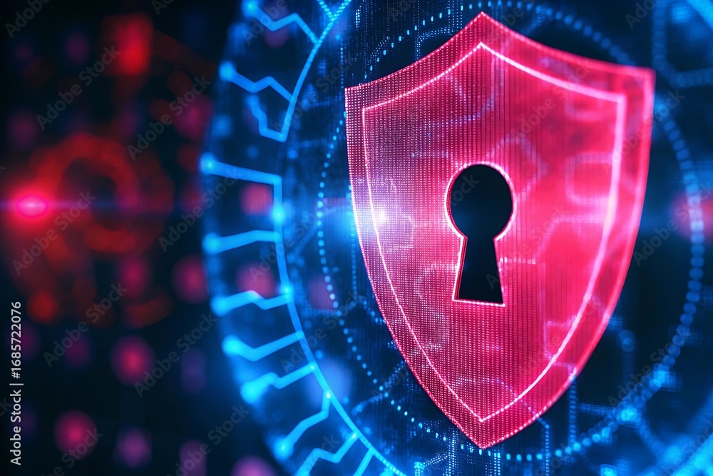 Poster cybersecurity shield with digital keyhole and futuristic network protection background.