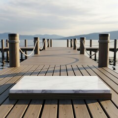 Obraz premium Wooden Pier with Marble Display Surface, Tranquil Lake Background, Product Showcase Concept