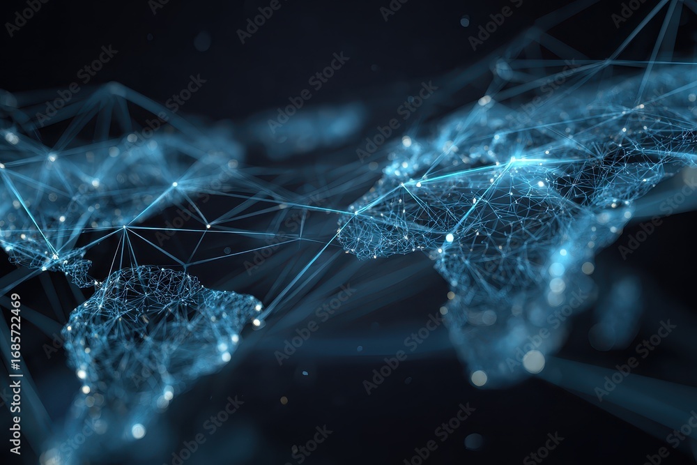 Poster global network connecting continents and countries, showcasing a digital world map with interconnect