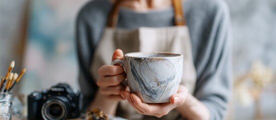 Female ceramic artist wearing paint-splattered apron, holding handmade mug in sunlit studio, creating with passion and artistic inspiration