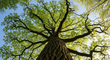 View from below of majestic tree reaching to blue sky with green leaves