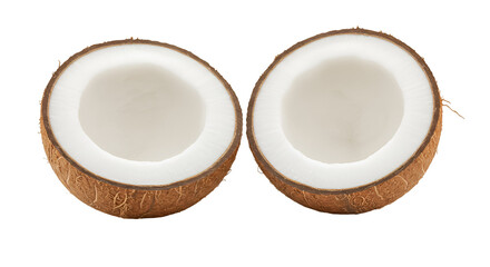 Two Halves of a Fresh Coconut on Black Background