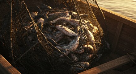 Close of wooden boat with net full of fish, symbolizing Christian fishing and faith