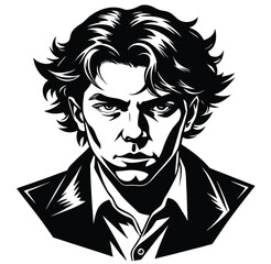 Black and white vector illustration of a young man's face with a sketch-like quality