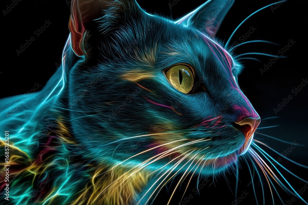 Aufkleber neon glowing cat in a dark setting showcasing vibrant colors and intricate details highlighting its 