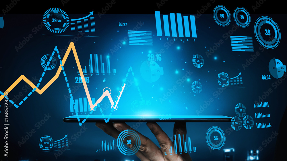 Poster a hand holds a tablet displaying vibrant digital data visualization with graphs and statistics. this