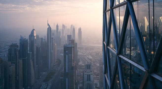 Modern Glass and Steel Skyscraper with Geometric Design Overlooking Dubai Skyline at Golden Hour