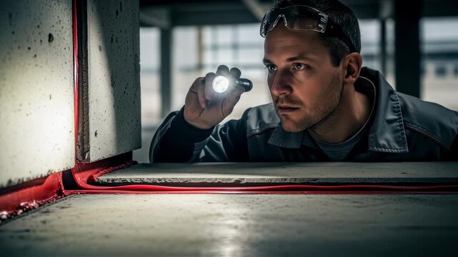 Specialist visually analyzing firestop sealant in expansion joint ensuring continuous fire resistance despite building movement.