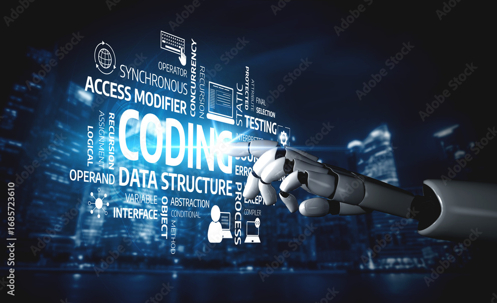 Poster a futuristic robotic hand interacts with coding concepts in a vibrant digital landscape. this image 