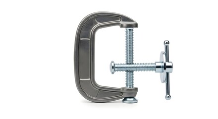 Close up of a metal c clamp tool with screw mechanism on a plain white background studio shot