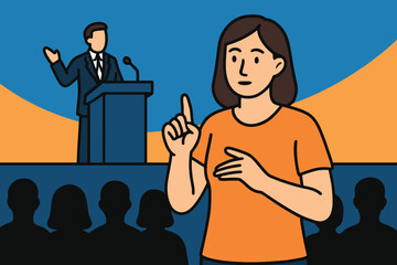 Woman speaking at podium with audience and speaker in background