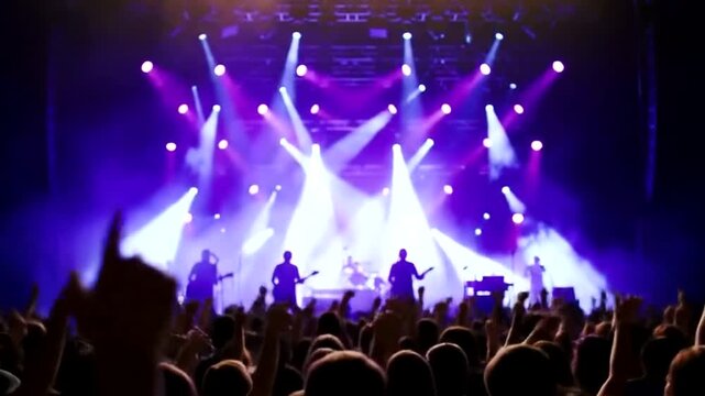 A vibrant live music concert with a band performing on stage under colorful spotlights, while a cheering audience with raised hands enjoys the show