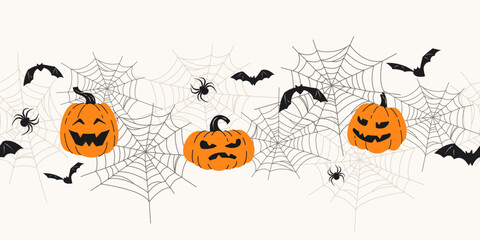Halloween seamless border with pumpkins, spider webs, spiders, and bats. Halloween spooky night and holiday decoration concept. Trendy flat lay design