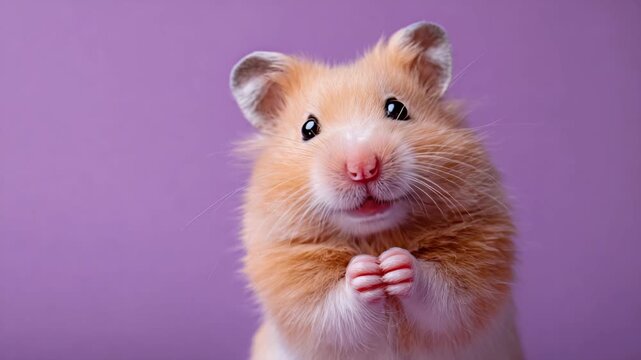 Cute hamster poses with hands together against a purple backdrop