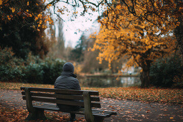 A person sitting quietly on a park bench, observing nature without phone, presence, mindfulness, autumn leaves, contemplative