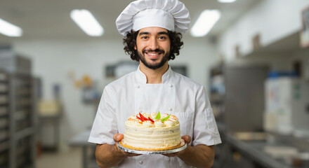 Happy young chef proudly holding delicious cake in professional kitchen