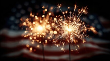 Fototapeta premium Sparklers with American Flag Background for Independence Day Celebration