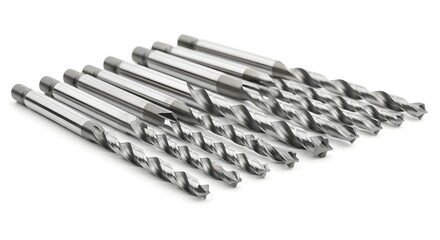 A collection of silver drill bits neatly arranged on a white surface showing their sharp cutting edges