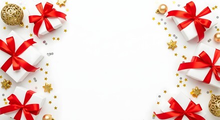 Christmas gift boxes with red ribbon isolated on white background