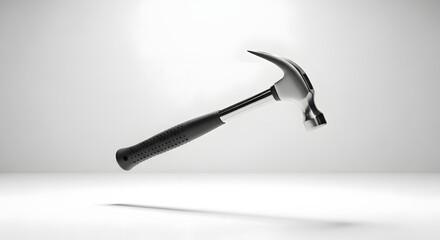 A hammer with a black handle and metal head floating in a white studio with a soft shadow below it