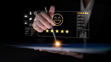 Customer feedback and satisfaction rating system showing star review, happy face, performance...