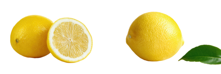 Two whole and halved lemons against a black background.  A single lemon leaf is visible next to the whole lemon