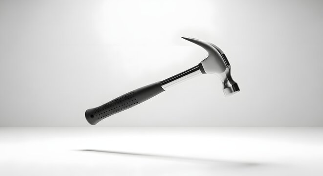 A hammer with a black handle and metal head floating in a white studio with a soft shadow below it