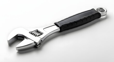 Obraz premium A close up shot of a silver adjustable wrench with a black handle on a white surface in a studio
