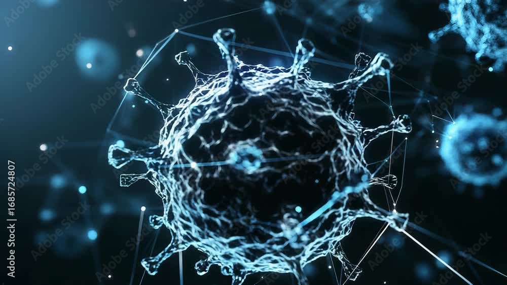Poster virus cell connecting with futuristic lines forming a network in cyberspace