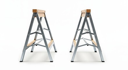 Two silver sawhorses with light wooden tops standing on a white background in a studio setting
