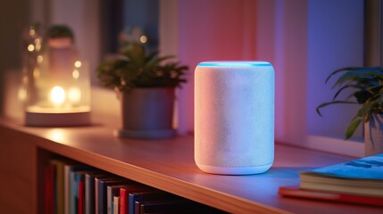 Smart voice assistant speaker with glowing blue LED ring placed on wooden bookshelf in cozy evening home interior, illuminated by warm ambient lights and plants.
