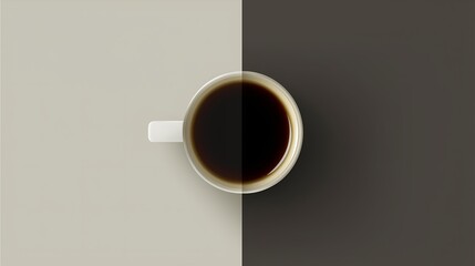 Fototapeta na wymiar A minimal flat-lay top view of a black coffee cup on a split beige and dark brown background with balanced lighting for beverage branding purposes