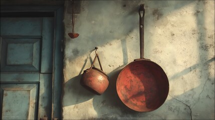 Rustic red and copper cookware hanging on weathered plaster wall with natural window light casting shadows for vintage kitchen decor editorial and home living design inspiration.