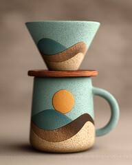 A modern speckled ceramic coffee dripper sitting atop a matching mug on a wooden surface with soft window lighting for artisan coffee brewing tutorials