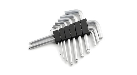 A set of silver allen wrenches with black holders against a plain white background in a studio shot