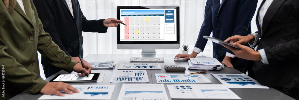 Poster panorama shot analyst team utilizing bi fintech to analyze financial report with laptop. businesspeo