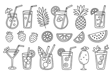 Summer Cocktails & Tropical Fruits: A Set of 20 Line Art Icons