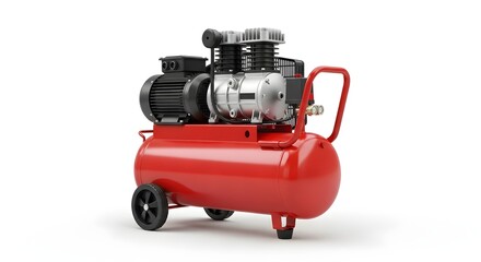 A red air compressor with a black motor and silver pump on a white background in a studio shot