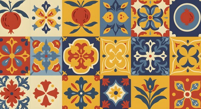 Colorful mediterranean tile pattern with floral and fruit motifs in yellow and blue